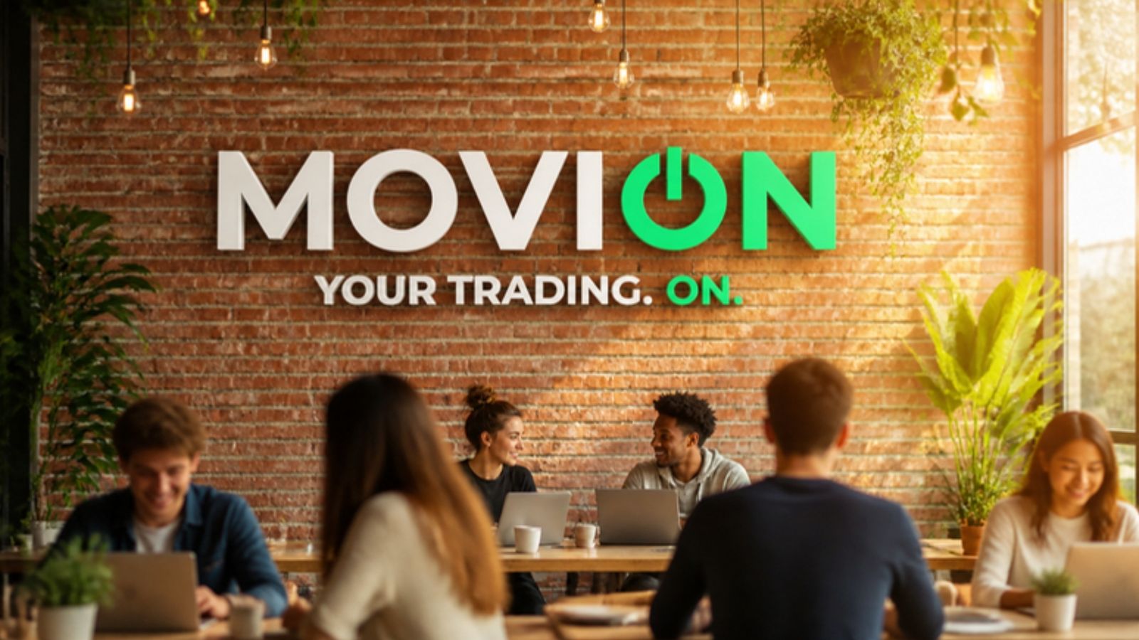Pared de ladrillo con el letrero MOVION, YOUR TRADING. ON., y personas estudiando con sus portátiles