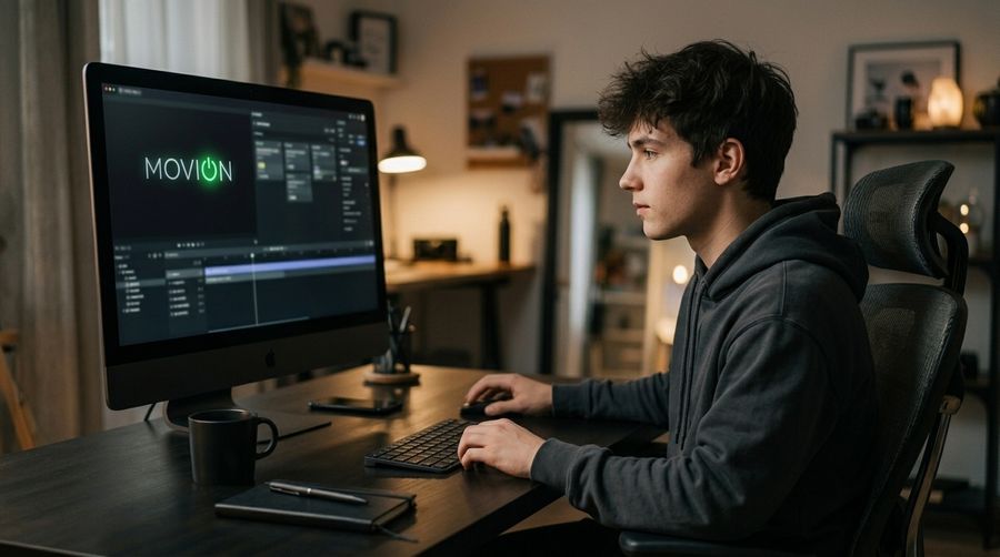 Un joven estudia en su escritorio con MOVION en la pantalla