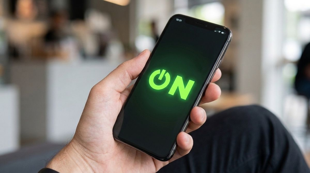 Una mano sostiene un celular con el ON de MOVION encendido en verde