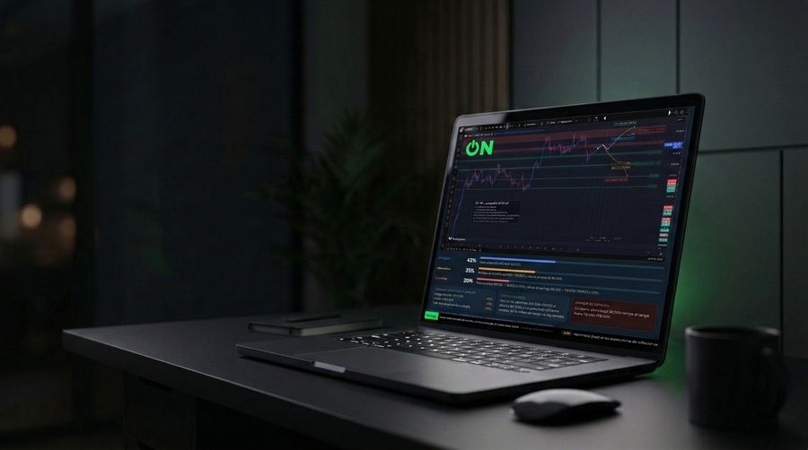 Portátil con un gráfico de trading y el ON de MOVION en pantalla