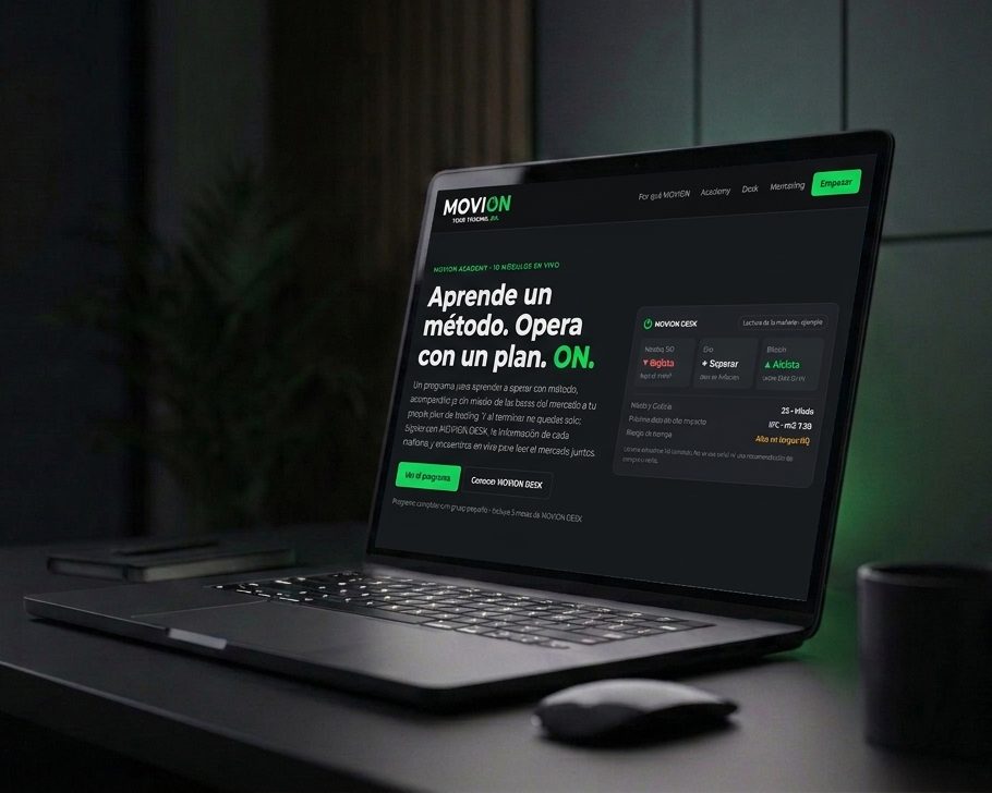 Portátil sobre un escritorio oscuro con la web de MOVION en pantalla